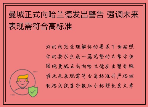 曼城正式向哈兰德发出警告 强调未来表现需符合高标准 曼城正式向哈兰德发出警告 强调未来表现需符合高标准